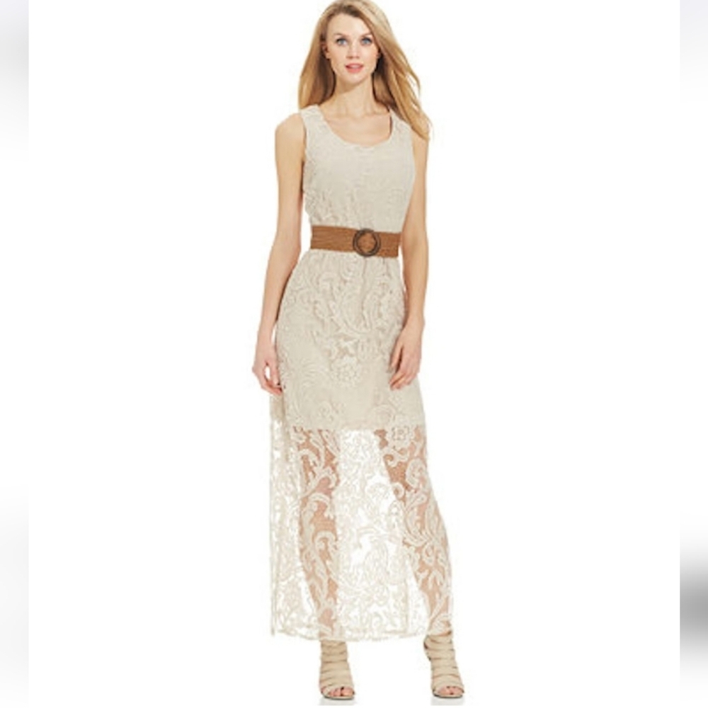 NWT Jessica Howard Cream Lined Lace Maxi Dress Brown Woven Belt Sz 8